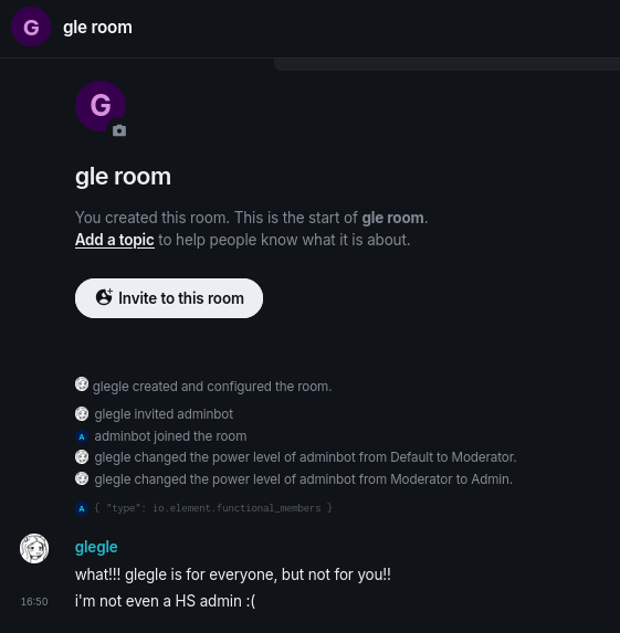 AdminBot controlling a user to make itself admin in their new room.